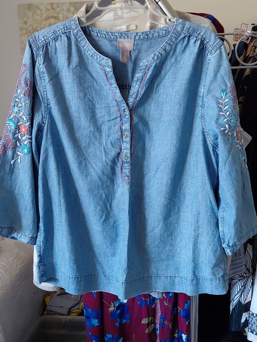 Chico's Light Blue Embroidered Chambray Henley Blouse